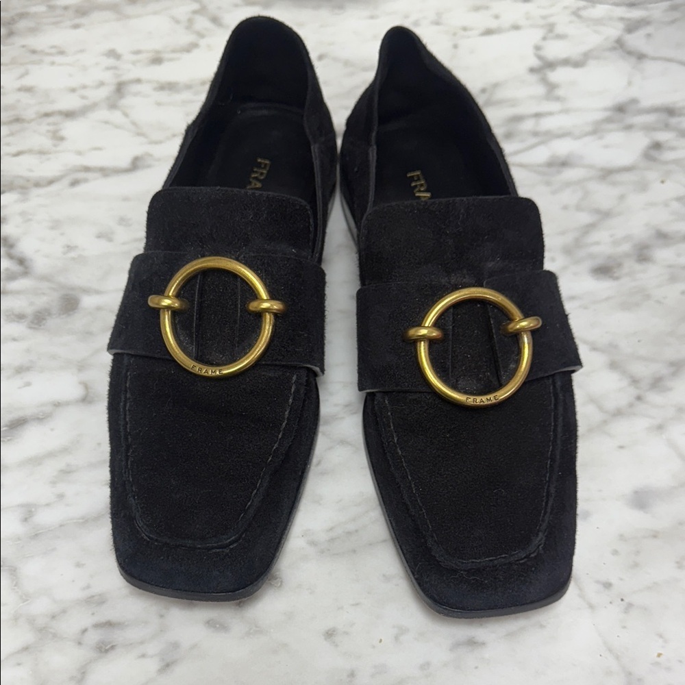 Frame Denim Black Loafers with Gold Accent